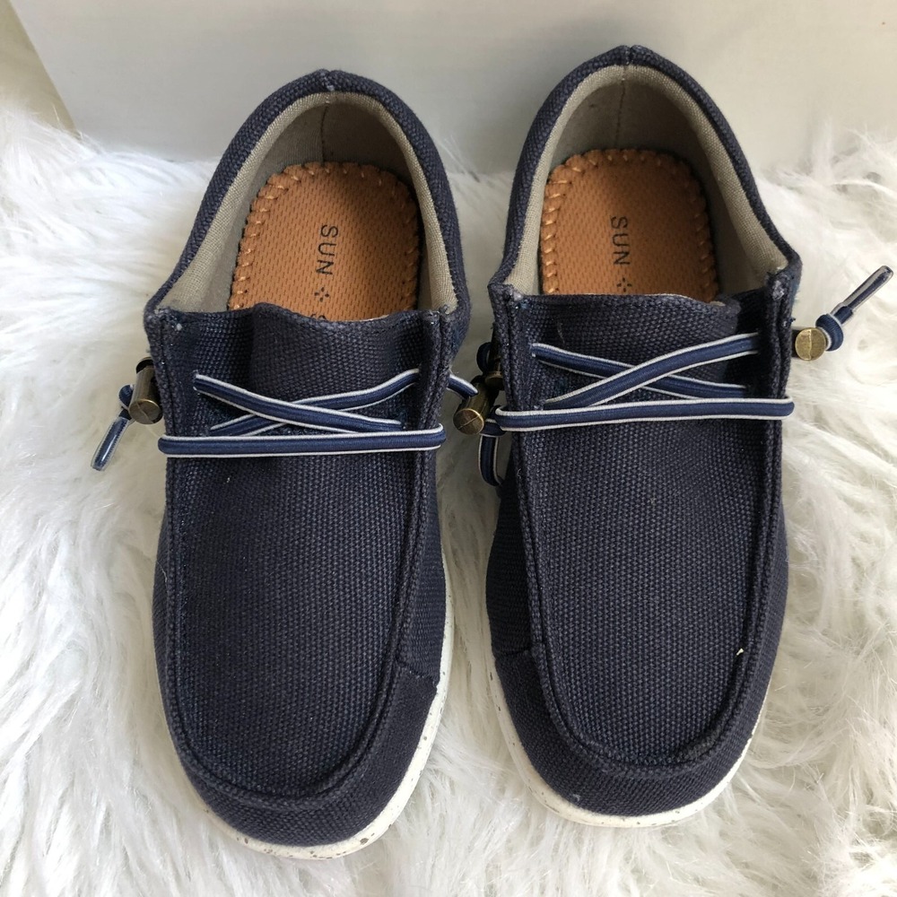 Sun + Stone Kids Brian Navy Blue Grey Canvas‎ Slip On Loafers Shoes Size 12 M